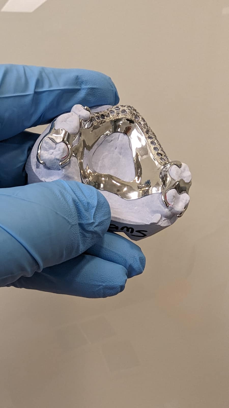 Gloved hand holding a polished partial framework